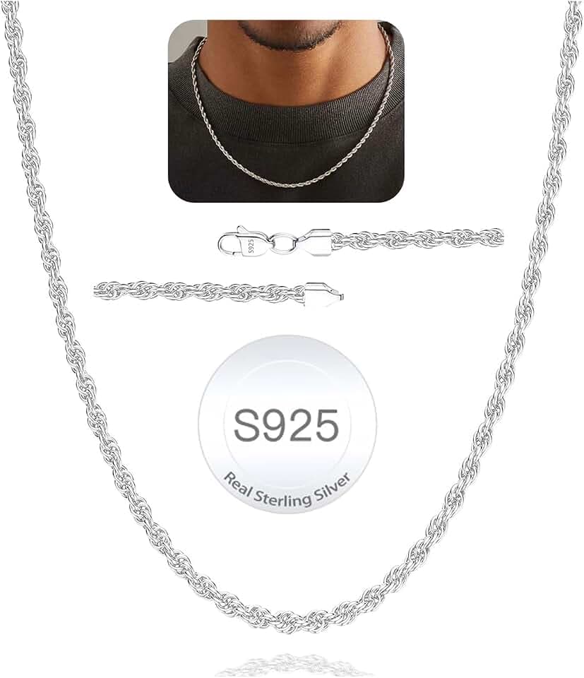 Avotto 2.5mm/3mm/4mm Silver Rope Chain Necklace for Men 16/18/20/22/24Inch