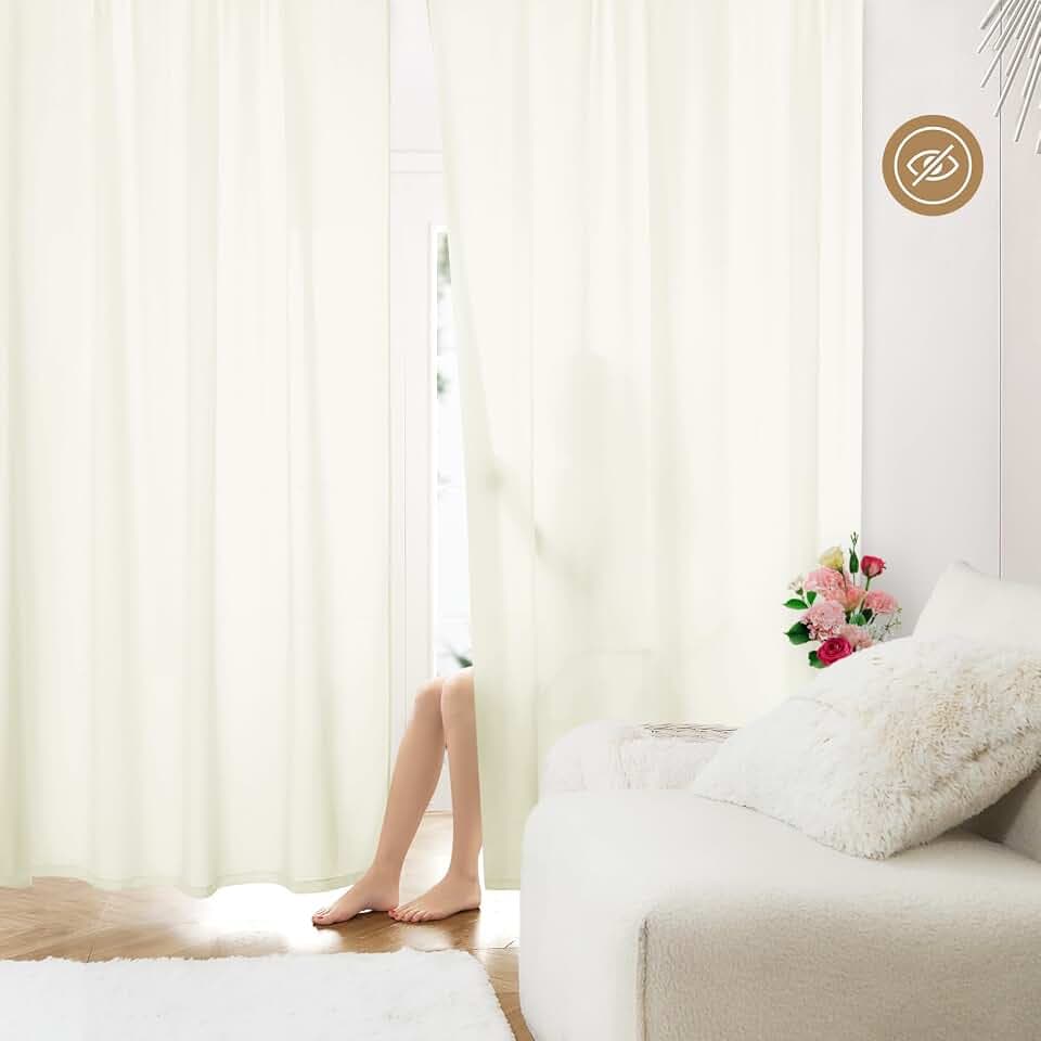 HOMEIDEAS Non-See-Through Ivory Privacy Sheer Curtains, 52 X 54 Inches Long
