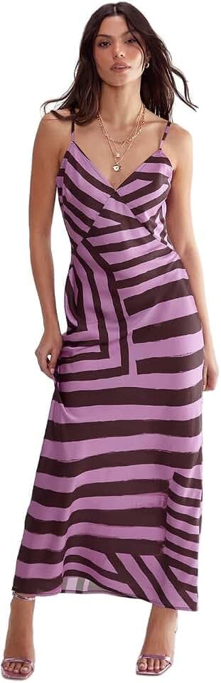 Nasty Gal Satin Abstract Stripe Maxi Slip Dress