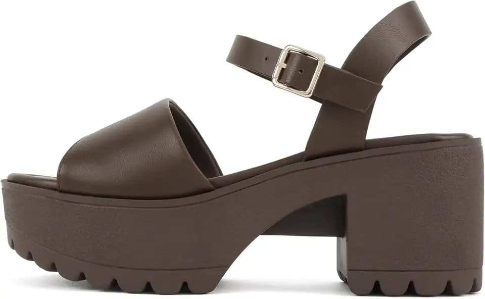 Soda “Stacie” ~ Women Open Toe Lug Sole Mid Block Heeled Sandals with Adjustable Ankle Strap