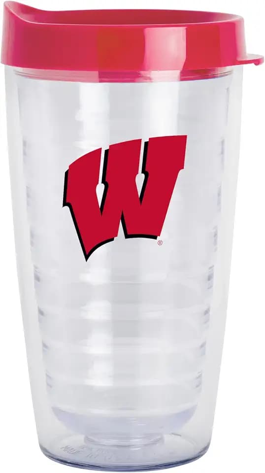 Logo Brands NCAA Wisconsin Badgers 16 oz Double Wall Clear Tumbler – Team Color Slider Lid | Fits Most Cup Holders |Made In The USA | Spill-Resistant Lid | BPA Free