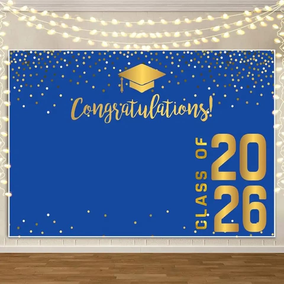 Graduation Backdrop 2026 10x8 ft Class of 2026 Gold and Blue Vinyl Congrats Grad Banner for High School College Photoshoot Prom Party Studio Props