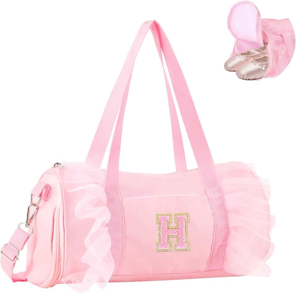 Personalized Initial Dance Bag for Girls 4-6, Small Lace Gym Sport Yoga Cheer Dance Bags Gift for Teen Girls, Cute Letter Kids Ballet Bag Toddler Travel Duffel Tote with Adjustable Straps(Pink-H)