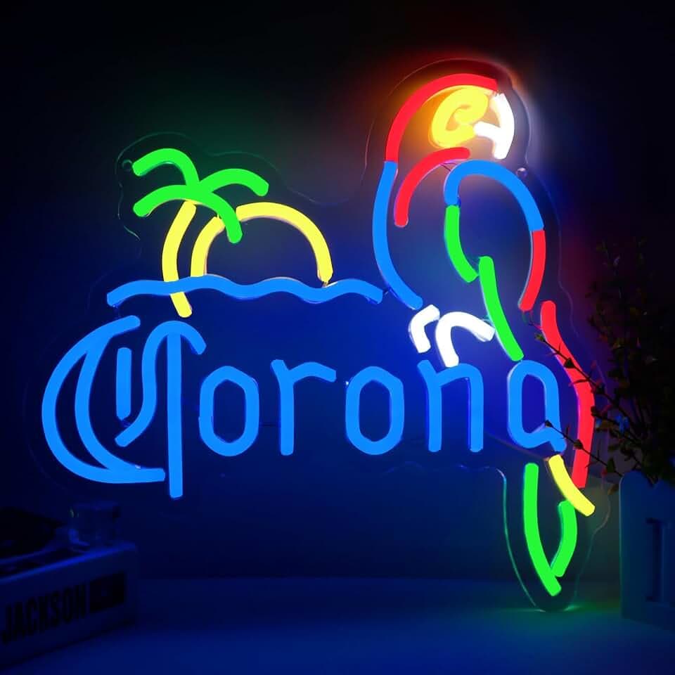 Coron Neon Sign Parrot Neon Lights for Bar Decor, Palm Tree Beer Lights Bar LED Neon Sign Dimmable Light Up Signs Man Cave Home Pub Beer Gift Neon Lamp (Blue)