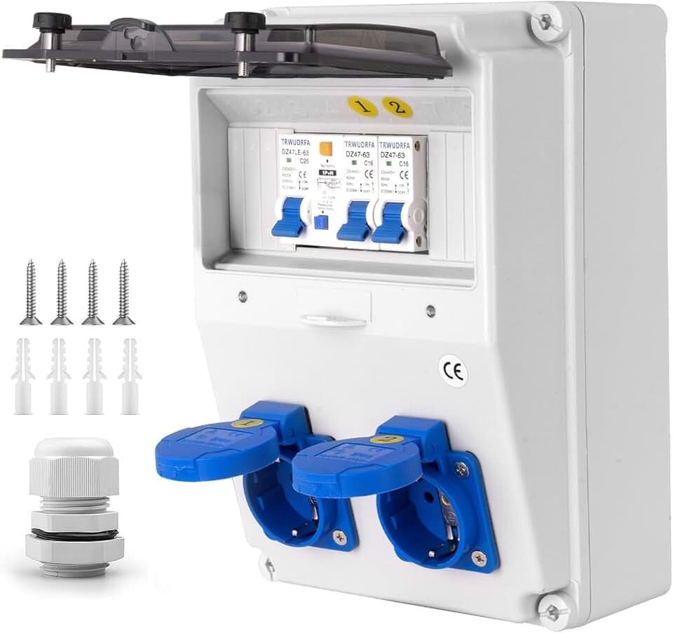 Baustromverteiler - IP65 Wasserdicht Stromverteiler mit Leitungsschutzschalter - Wandverteiler mit IP54 250V/16A Steckdose - Starkstrom verteiler für Außenbereich Baustrom