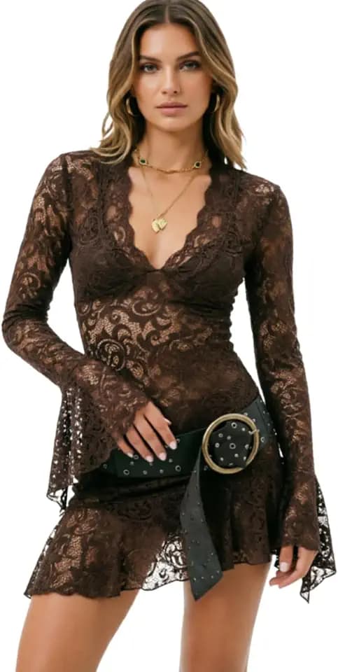 AIBEARTY Women's Sexy Sheer Mesh Lace Bodycon Dress Flared Long Sleeve V Neck Mini Dress Party Club Evening Dresses