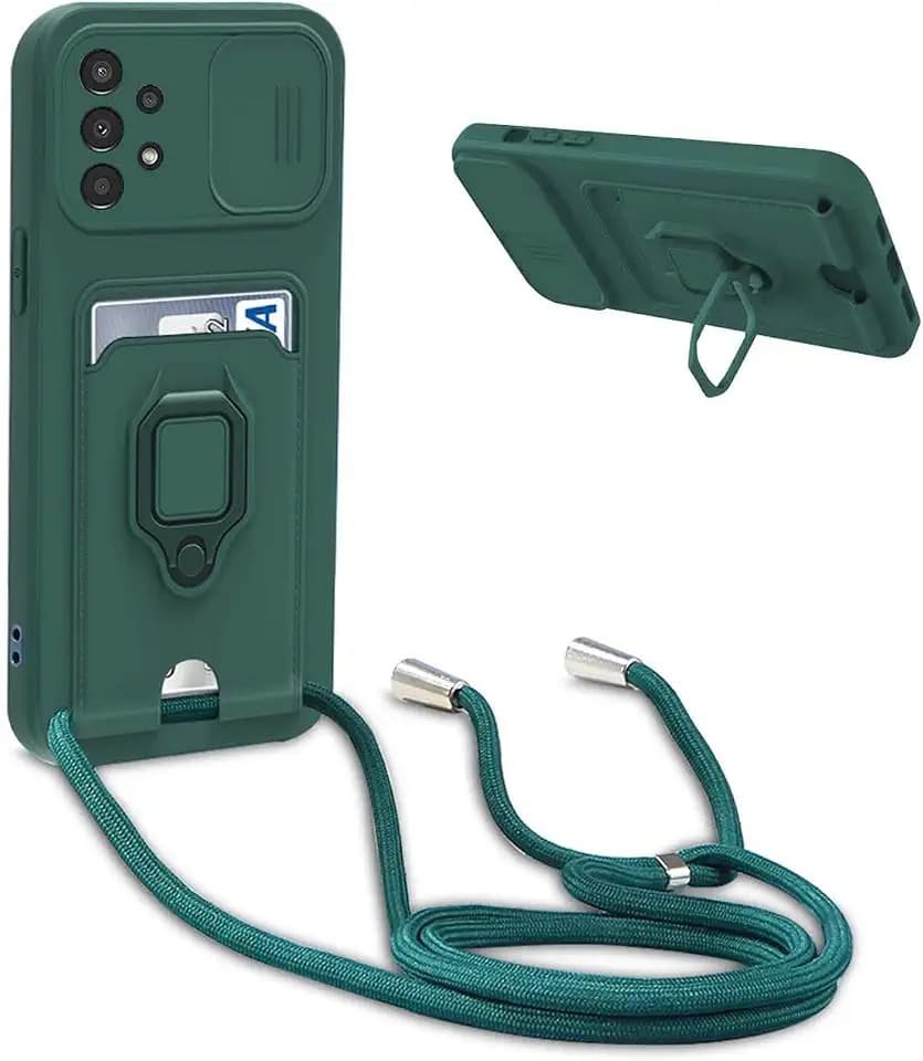 Handykette Schutzhülle kompatibel mit Samsung Galaxy A71 4G Handyhülle mit Band,Schiebe Kameraschutz,360 Grad Ringhalter Stand,Kartenfach,Verstellbarer Halskette Silikon hülle - Dunkel Grün