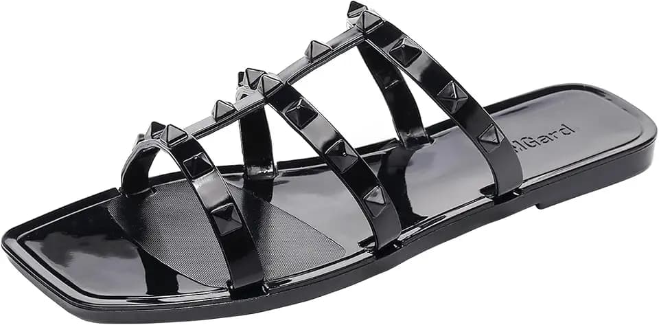 Women Flats Sandals, Studded Jelly Shoes Size 9 Red Dressy Summer Beach Rivets Strappy Jellies Slide Slip On Open Toes