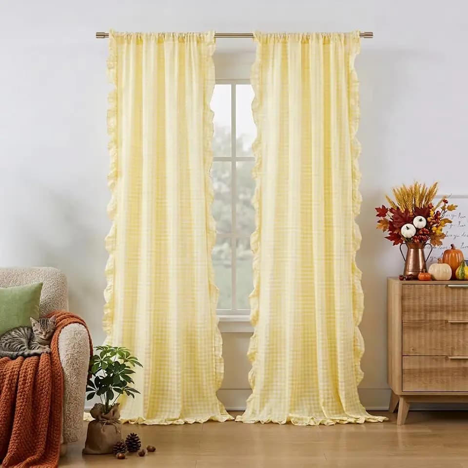 ZJDECOR Yellow Buffalo Plaid Ruffle Window Curtains 72 Inches Length