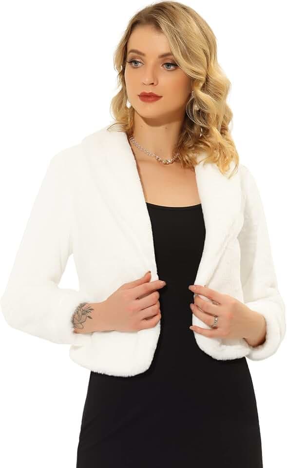 Allegra K Damen Winter Cropped Jacke Revers Langarm Kunstpelz Flauschiger Mantel