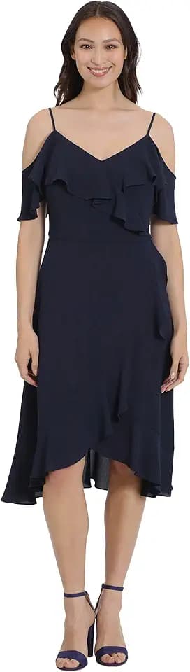 London Times Women's Women's Dresses Cold Shoulder Hi-Low Dress with Feminine Ruffle Occasion Guest of Mother of the Bride