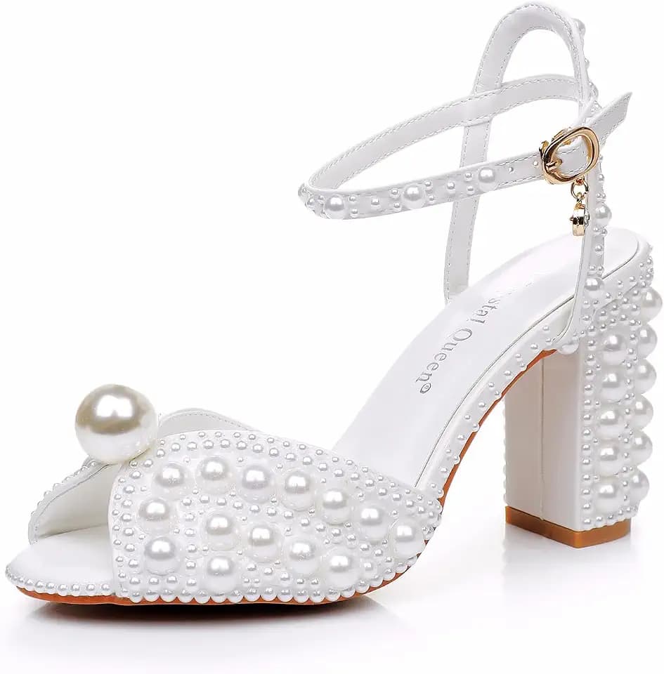 Crystal Queen Ivory Pearls Block Heel Sandals Chunky High Heels Peep Toe Sandals White Pearls Bridal Wedding Shoes Evening Wedding Sandals Pump Heels For Bride