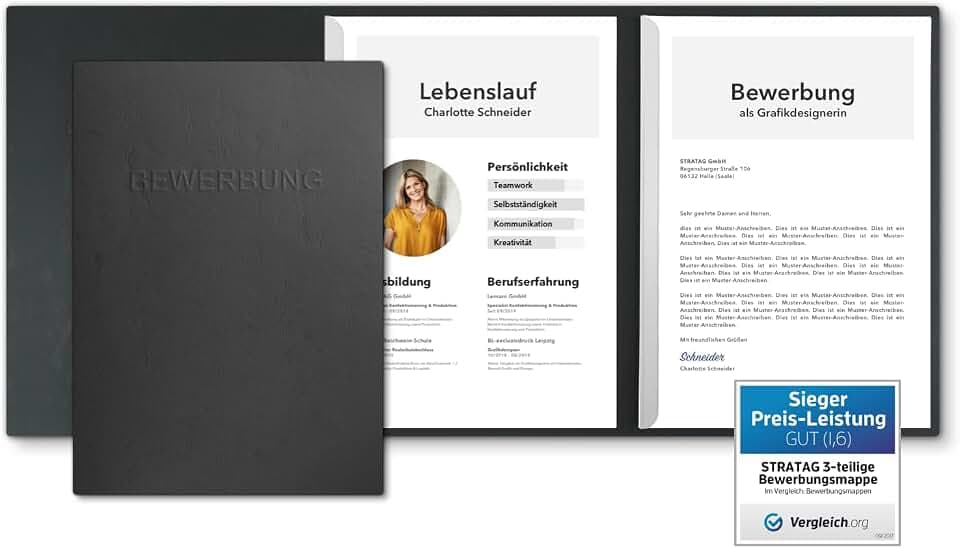 10 Stück 3-teilige Bewerbungsmappen Schwarz mit 2 Klemmschienen in feinster Lederstruktur - hochwertige Prägung ''BEWERBUNG'' - direkt vom Hersteller STRATAG