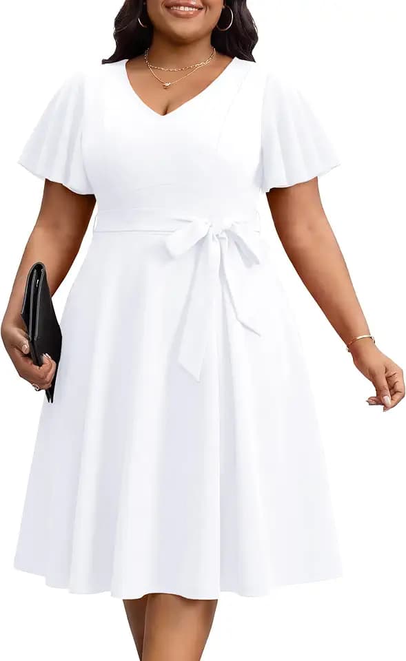 Runwind Plus Size Dress Church Dresses for Women Summer Casual V Neck Ruffle Sleeve Knee Length Dress with Pockets