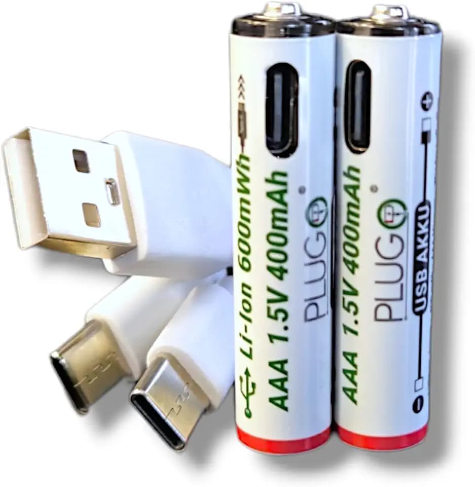 PLUGO | USB Akku | 1,5V AAA Lithium Batterie | mit 2in1 USB TYP-C Ladekabel | 600mWh | 2 Stück