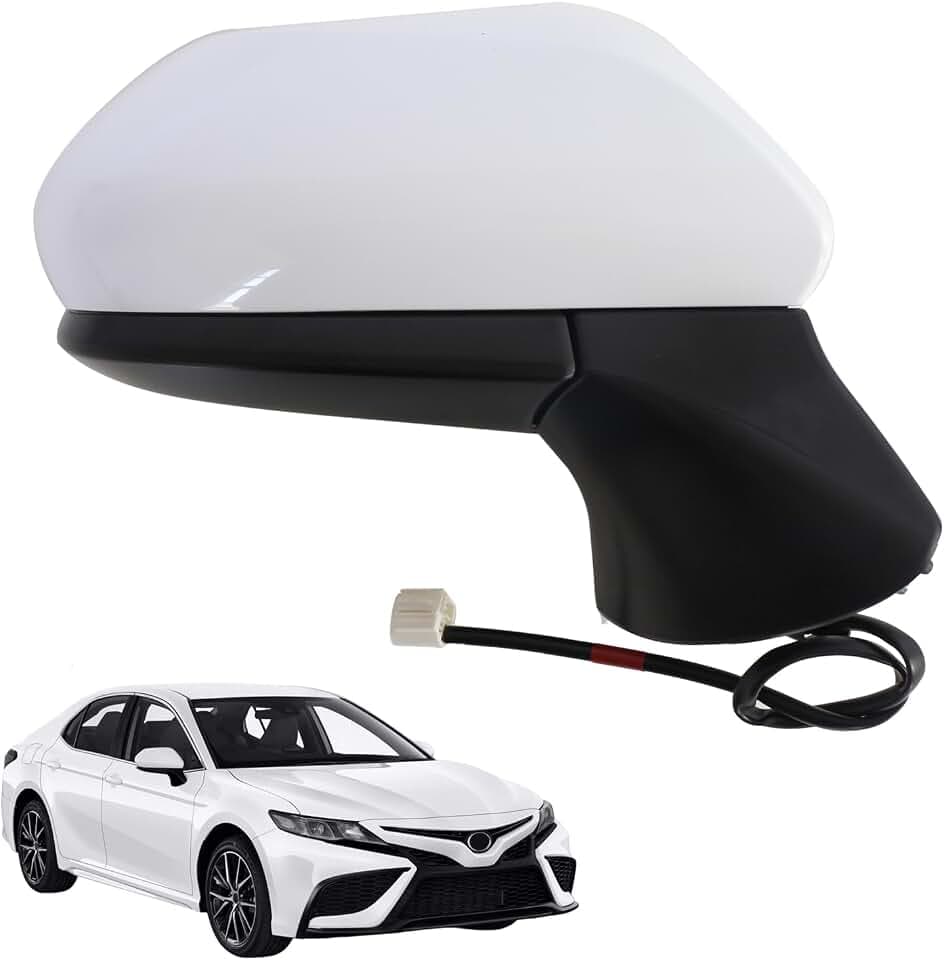 For Toyota Camry 2018-2024 Right Side Door Mirror - Passenger Side Complete Assembly, Power Glass, Non-Heated Manual Folding, 3-Pin White Paint Ready, Replacement for Partslink TO1321366, RH