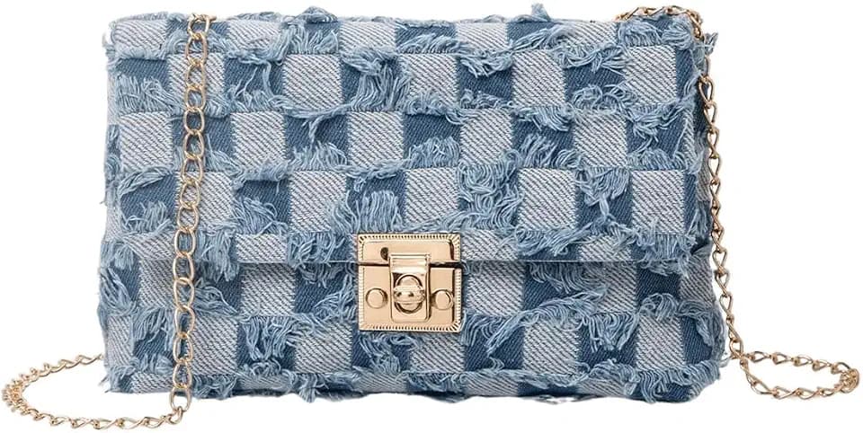 QWINEE Women's Distressed Denim Crossbody Bag Twist Lock Quilted Handbag Mini Jean Purse with Chain Strap