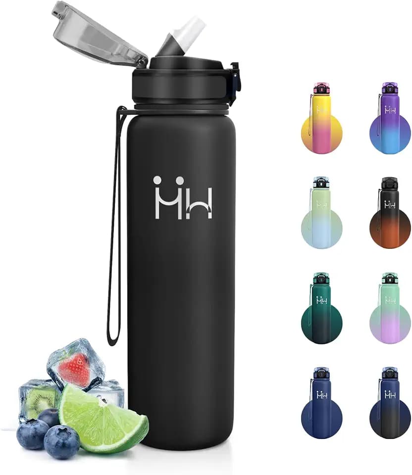Thermosflasche 1L, Trinkflasche Edelstahl mit Strohhalm, Trinkflasche Kohlensäure Geeignet, Isolierflasche Doppelwandig, Einhandöffnung, BPA-Frei, Wasserflasche für Sport, Maedchen, Junge, Laufen, Gym