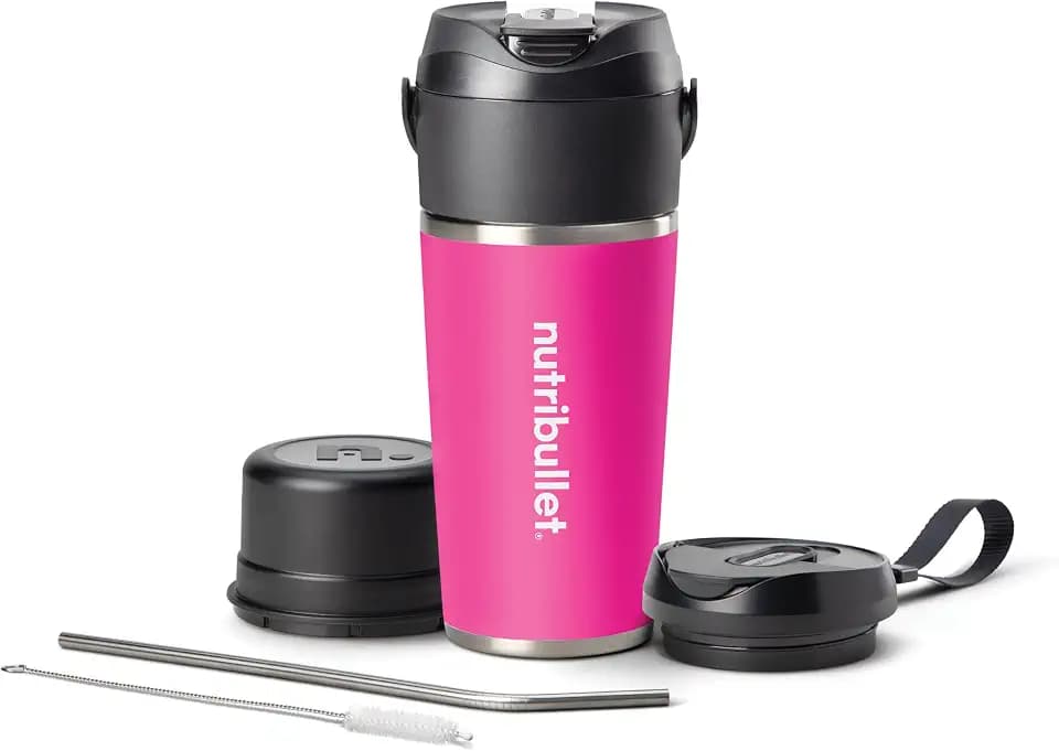 nutribullet Flip, Smoothie Mixer to go, 590 ml isolierter Edelstahl Thermobecher, hält 24h kalt, kabellos, wiederaufladbar (USB-C) für 14+ Mixvorgänge, Eiscrusher, Pink, NBP016MA