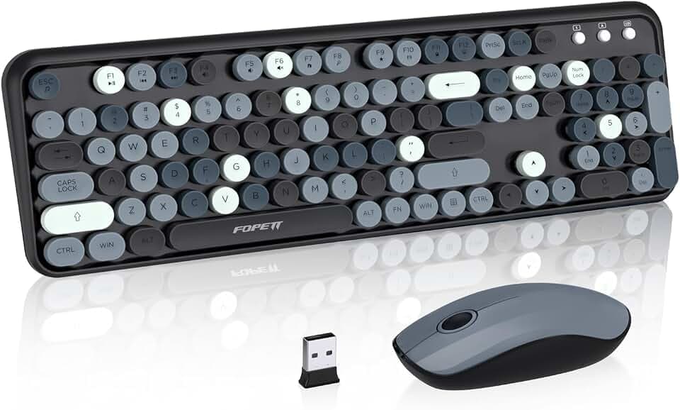 Retro Wireless Keyboard Mouse Combo,Round Keycaps,for PC Laptop,Black Grey