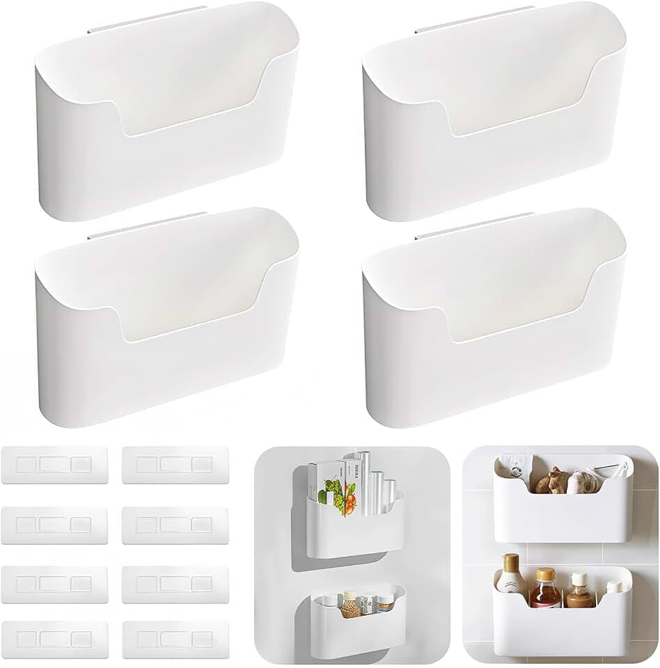 4 Stück Küchenschranktür Aufbewahrungsbox, 23,4 x 10,8 x 6,8 cm Selbstklebendes Schranktür Organizer, Wandmontierte Aufbewahrungsbox Selbstklebendes Wandmontierte für Familie Fernbedienung Weiß