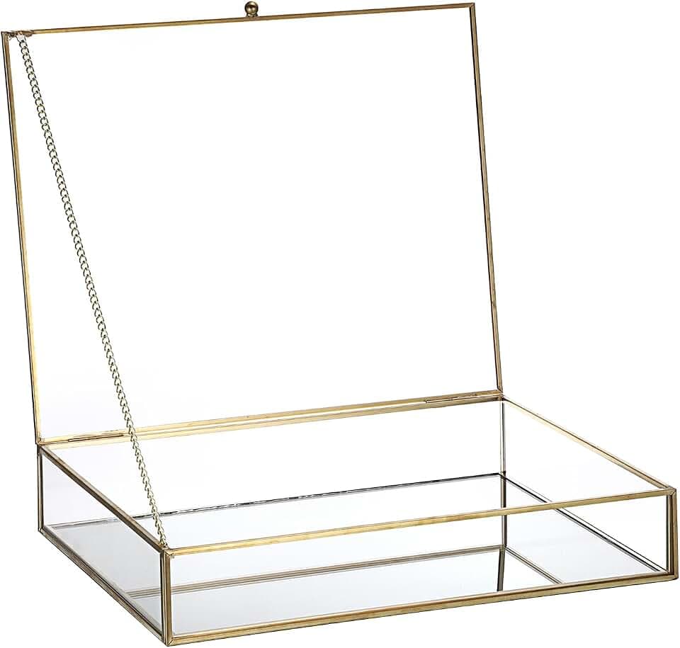SUMTree Goldene vintage Schmuckschatulle Messing Vitrine Glas Displaybox Schmuckkasten mit Deckel Schminktisch Organizer für Schmuck, Kosmetik, Postkarte Deko Geschenkbox für Hochzeit, Geburtstag