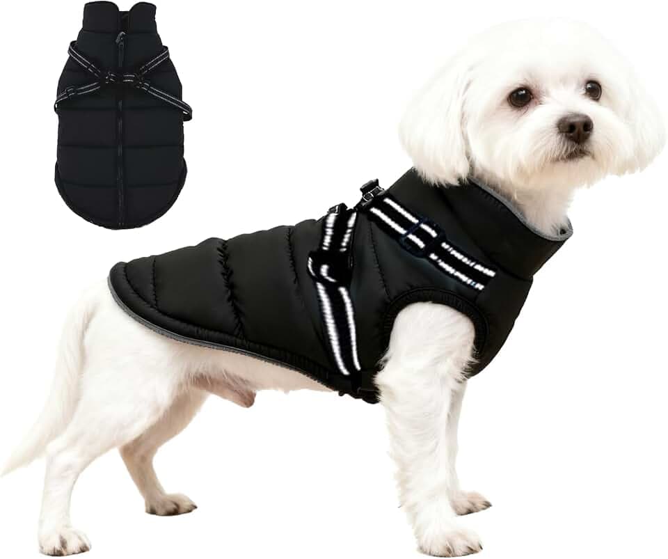 Hundemantel Winter mit Geschirr Einstellbar, ZoneYan Wasserdicht & Warm Hundemantel für Kleine Hunde, Reflektierende Winterjacke, Winddicht Weste für Hund (Schwarz, S)