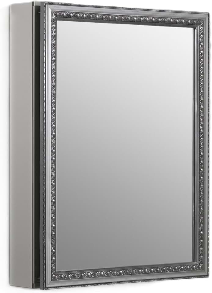 Kohler CB-CLW2026SS Aluminum Bathroom Medicine Cabinet with Mirror, Decorative Silver Framed Mirror Door, Adjustable Shelves, Rectangular Frame, 20 in. W x 26 in. H