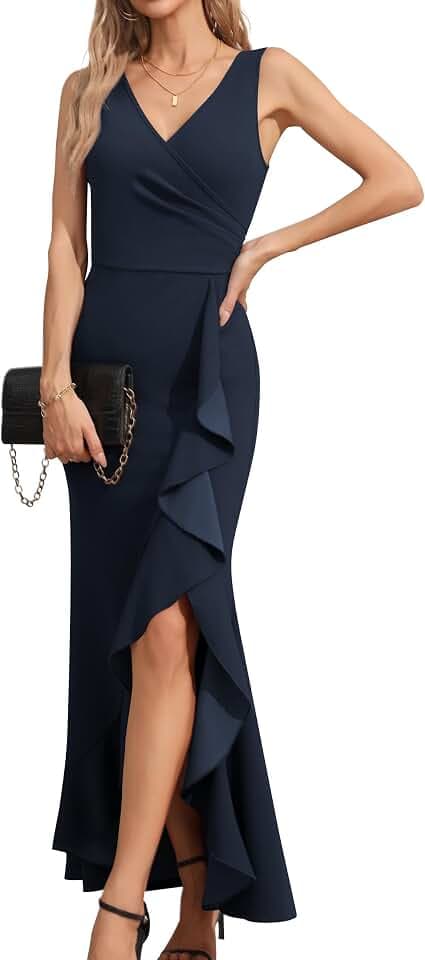 Missufe Damen Abendkleider Wickel V-Ausschnitt Ärmellos Maxikleid Rüschen Schlitz Bodycon Cocktailkleid