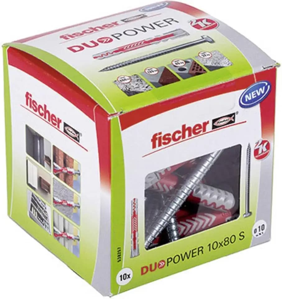 Fischer DuoPower 10 x 80 S, Powerful Universal Plug with Safety Screw, Intelligent 2-Component Technology for fastenings in Concrete, Bricks, Stone, etc., 10 Plugs & 10 Screws