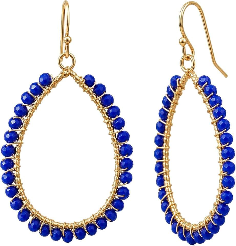 Bohemian Teardrop Dangle Earrings in Multiple Colors, Golden Wire Wrapped Hollow Sparkly Crystal Beaded Statement Earrings for Women, Summer Beach Wedding Party Jewelry