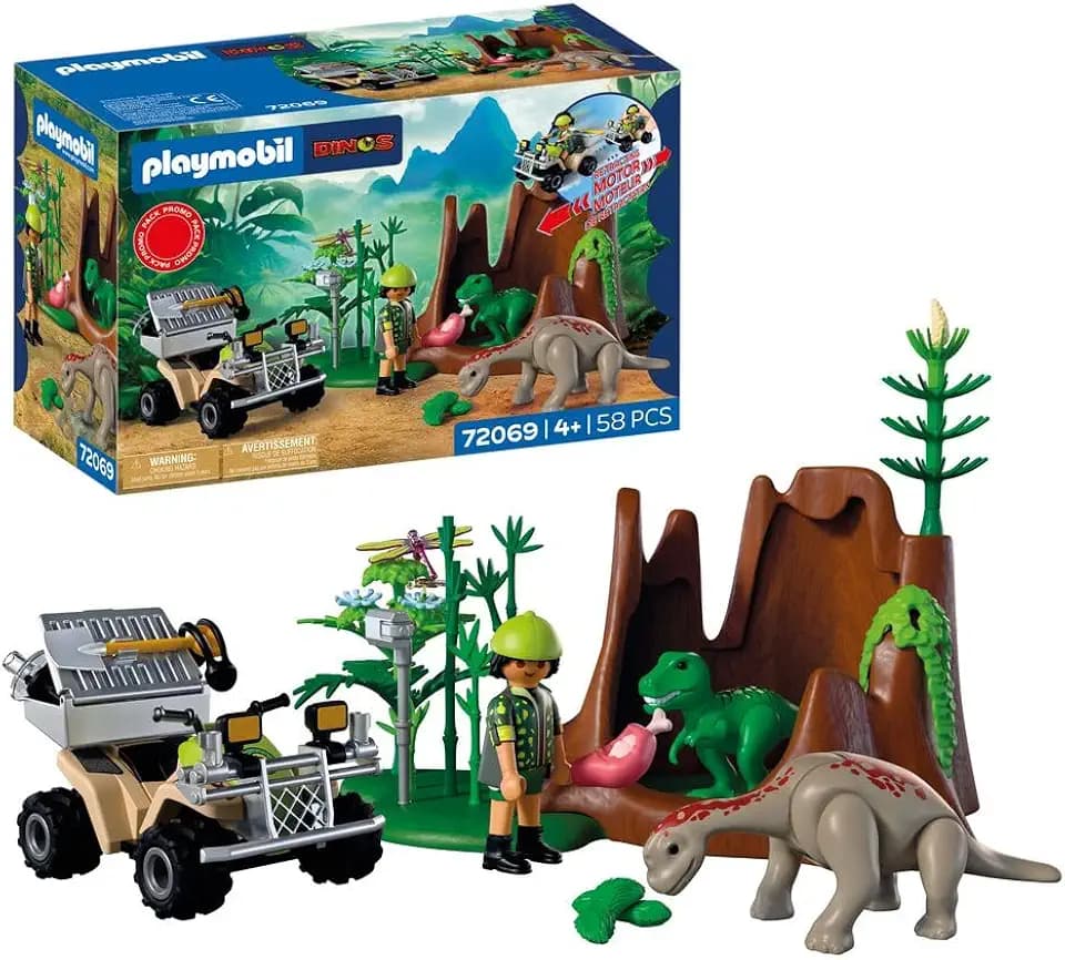 PLAYMOBIL Dinos Dinoversteck | Dino-Forscher mit Quad, T-Rex-Baby & Brachiosaurus-Baby | Kinder Spielzeug ab 4 Jahren | 72069