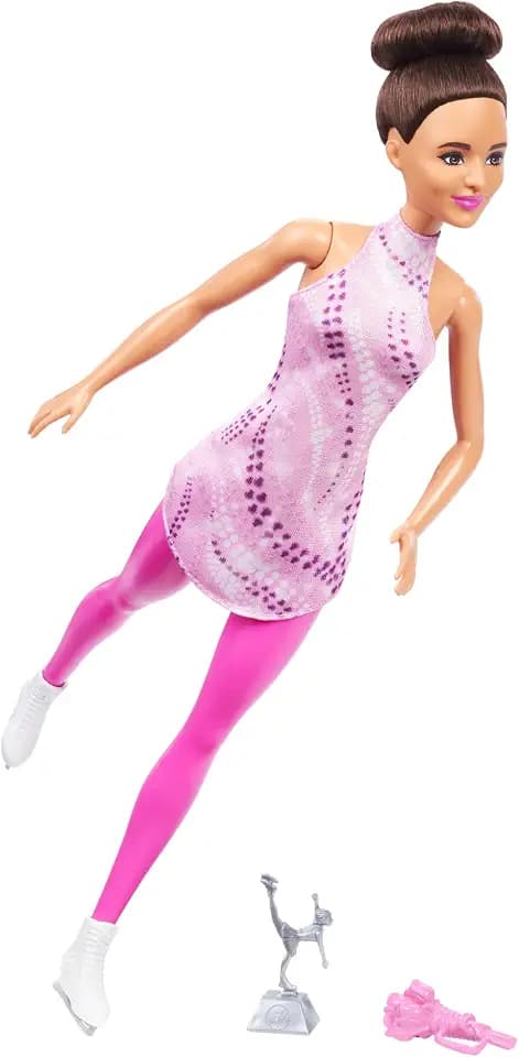 BARBIE Eiskunstläuferin Puppe - Pinkes Eiskunstlaufoutfit, abnehmbares Oberteil und Schlittschuhe, inklusive Blumenstrauß und silberner Trophäe, klassischer Dutt, für Kinder ab 3 Jahren, HRG37