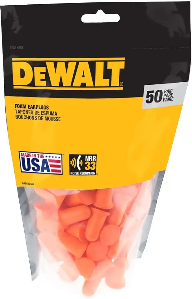 DEWALT Bell Shaped Foam Earplugs NRR 33 - Made in USA - Resealable 50 Pack