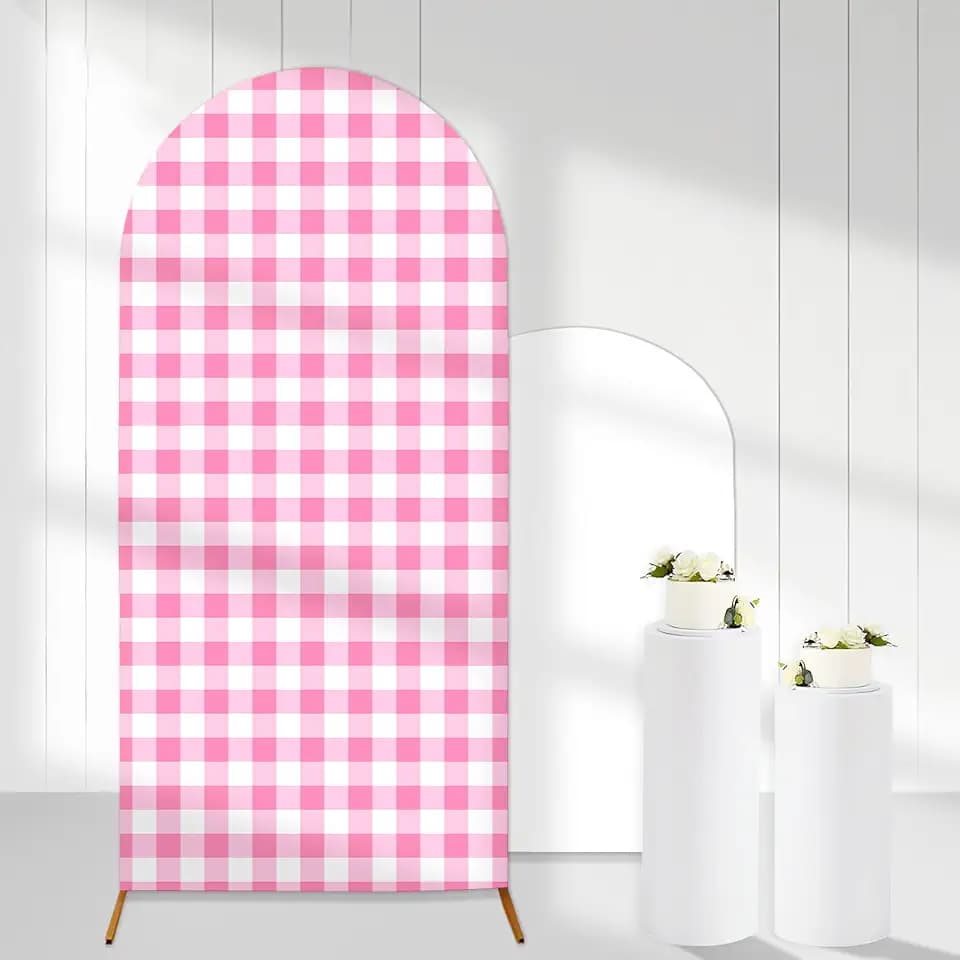 Pink White Gingham Arch Backdrop Covers, 6 Ft Pink Stretchy Arch Backdrop Stand Covers, Photography Background Plaid Arch Stand Covers for Wedding Birthday Baby Shower Party Decor