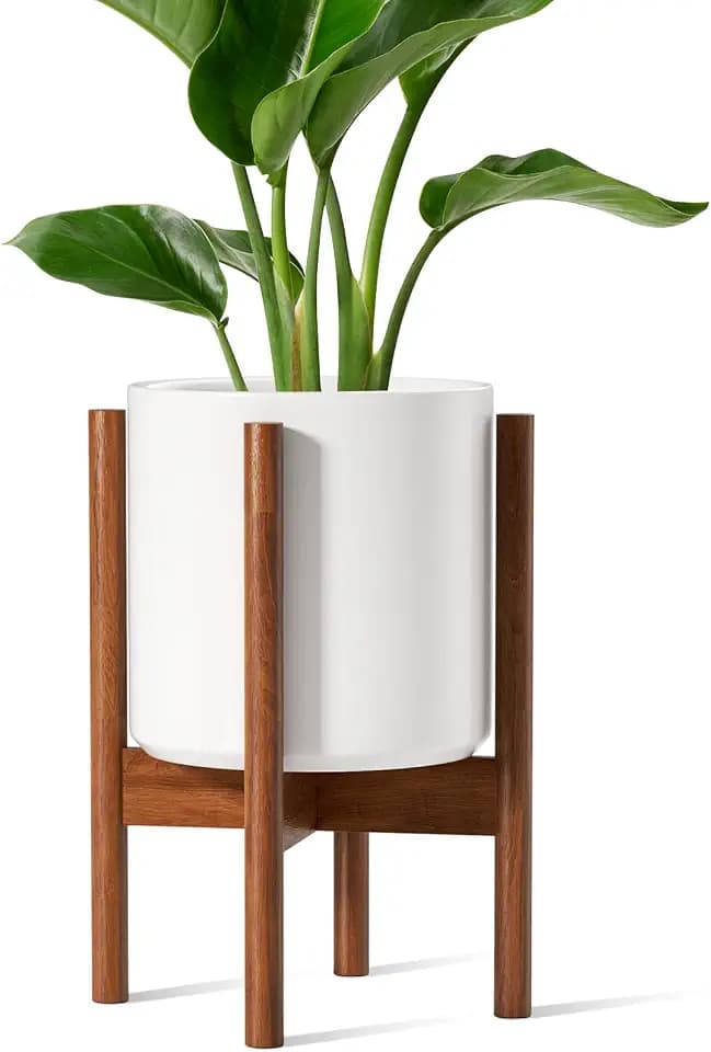 LE TAUCI Planter with Acacia Wood Stand, 12 Inch, White