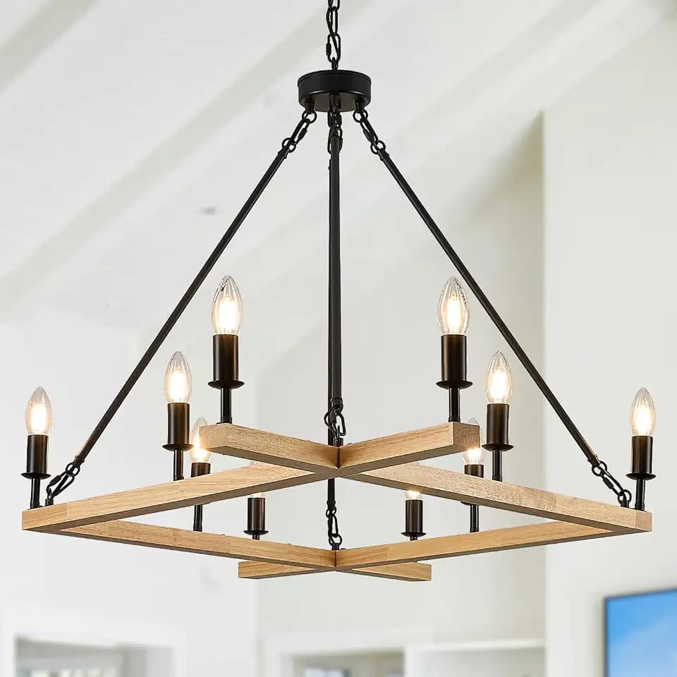 Natural 53" Wooden Square Chandeliers 10-Light Candle Chandelier