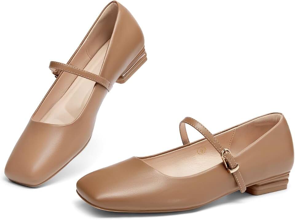 Coutgo Women's Mary Jane Flats Closed Square Toe Ballet Flat Dressy Comfortable Slip on Shoes