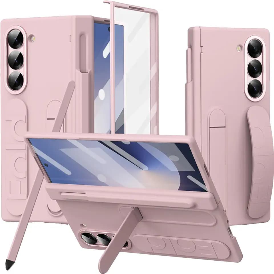 NINKI Strap for Samsung Galaxy Z Fold 6 Phone Case with S Pen Holder & Stylus,Cute Kickstand Case for Samsung Z Fold 6 5G Case Hand Strap,Hinge Protective Case Galaxy Z Fold 6 Case S Pen Women Pink