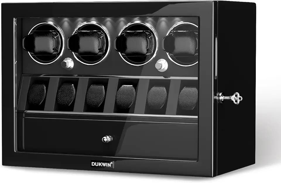 DUKWIN Watch Winder for Automatic Watches, Lockable Watch Winders with Watch and Jewelry Storages, Super Quiet Mabuchi Motor with High-Gloss Piano Lacquer Finish,Built-in Illumination