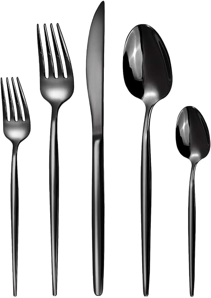 Besteck Set für 12 Personen,60 teilig Besteck Schwarz,Essbesteck Set inkl.Messer,Gabel,Löffel,Schwarzes Bestecksets Edelstahl,Hochglanzpoliert Cultery Set&Spülmaschinenfest