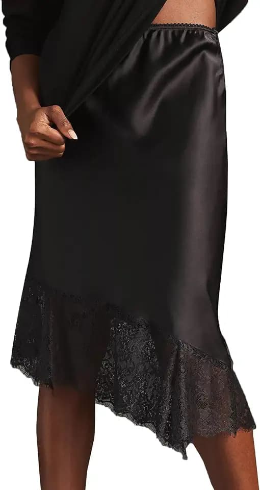 Women Lace Satin Maxi Skirt Y2K Lace Trim Silk Half Slip Skirt High Waist Silk A Line Long Underskirt Going Out