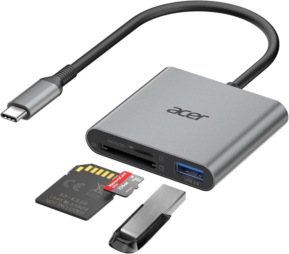 acer USB C SD Kartenleser mit Typ-A 3.0, 170MB/s Card Reader Aluminium