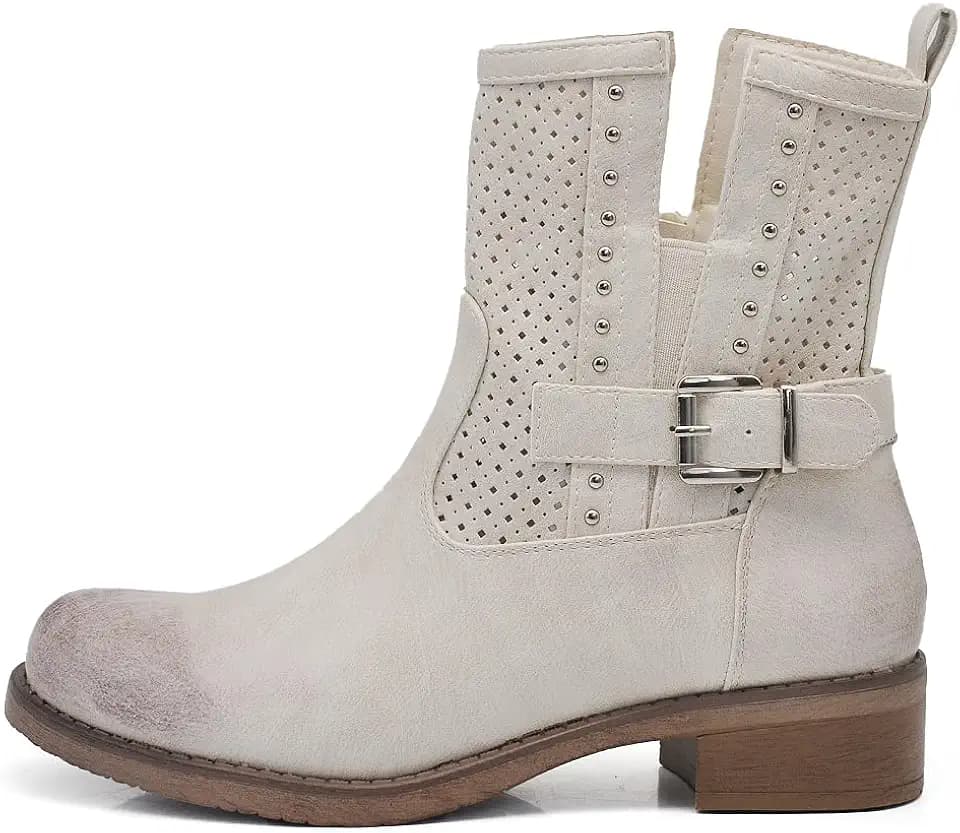 IF Fashion Stiefel Biker Motorradstiefel Damen perforiert mit Schnallen Frühling Sommer Kunstleder Jeans Optik GR-6656