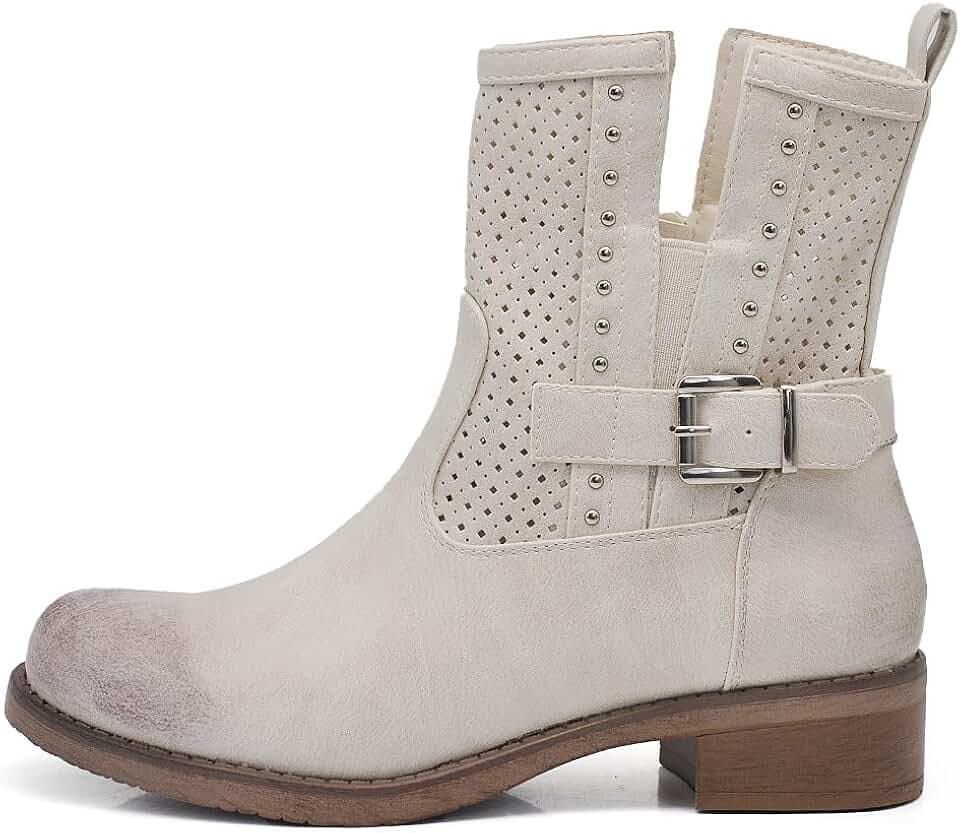 IF Fashion Stiefel Biker Motorradstiefel Damen perforiert mit Schnallen Frühling Sommer Kunstleder Jeans Optik GR-6656