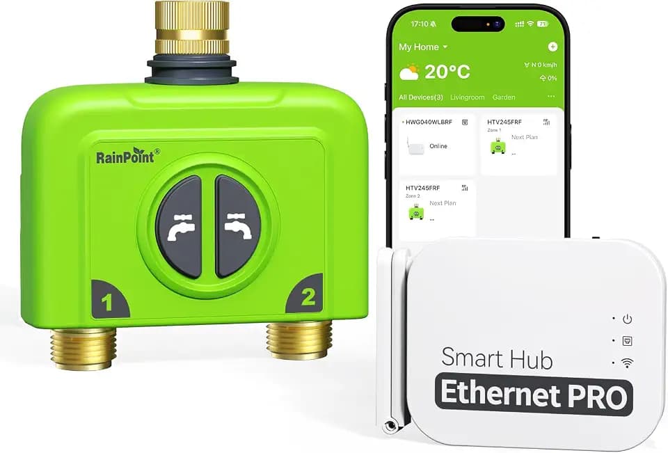 RAINPOINT WiFi Water Timer for Garden Hose, 2 Zone WiFi Sprinkler Controller, Smart Hose Timer Valve, Automatic Drip Irrigation System/Rain Delay for Garden (Brass Inlet & Outlet, Ethernet Gateway)
