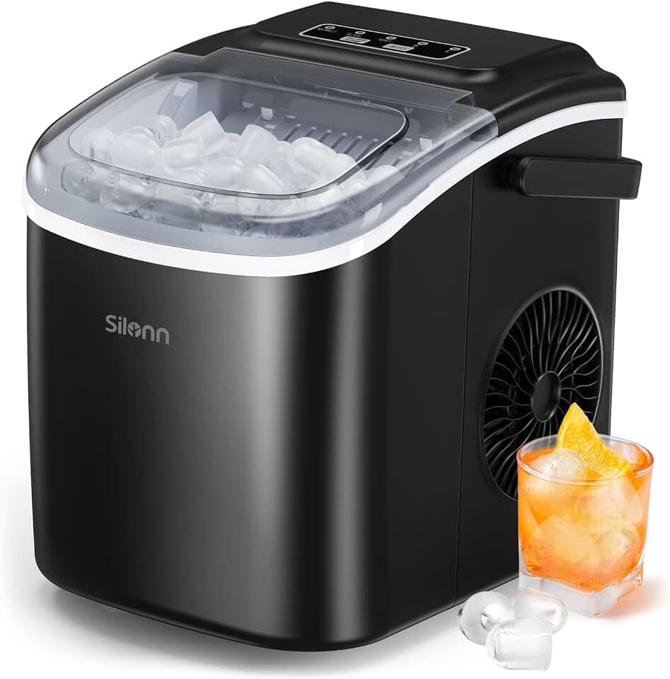 Silonn Eiswürfelmaschine, 9 Eiswürfel in 6 Minuten, 12 kg in 24 Stunden, selbstreinigender Eiswürfelbereiter mit 2 Eiswürfelgrößen für Küche, Büro, Bar und Party, Schwarz