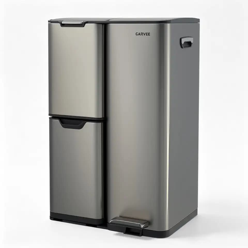Garvee 3 Compartment Trash Can, 16 Gal Garbage and Recycle Bin Combo