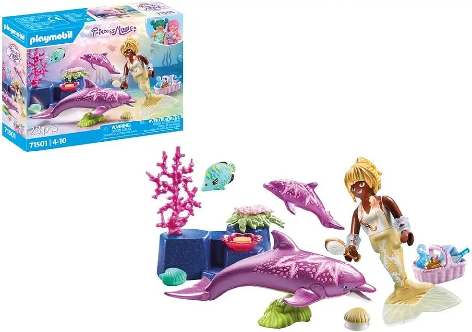 PLAYMOBIL Princess Magic 71501 Meerjungfrau mit Delfinen, liebevolle Pflege der Delfinmama und ihres Babys, mit vielseitigem Zubehör, detailreiches Spielzeug für Kinder ab 4 Jahren