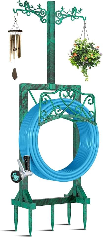 Garden Hose Holder for Outside, Upgraded Water Hose Holders with 2 Shepherds Hooks,Freestanding Heavy Duty Hose Stand Hose Hanger Hose Storage Hose Reel Rack for Yard Lawn Farm(Antique Green)